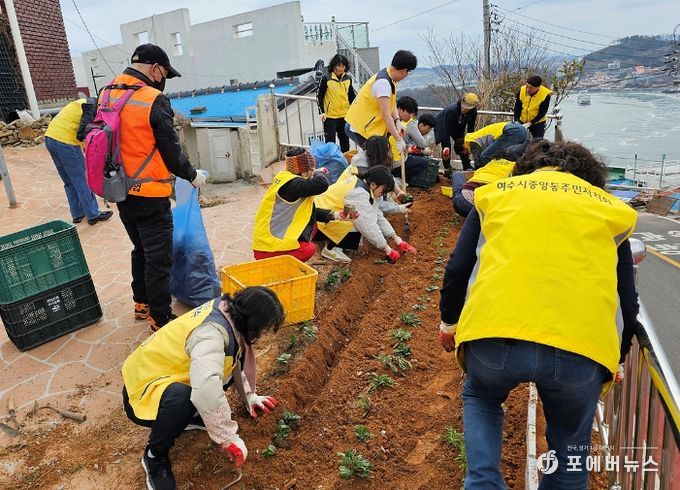 여수시 중앙동 직원, 자생단체, 주민들이 자투리땅에 봄꽃을 식재하고 있다.