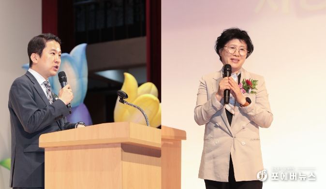 안산시의회 송바우나 의장(왼쪽)과 박은경 의회운영위원장이 13일 안산시 올림픽기념관에서 열린 ‘안산시어린이집연합회 제43회 스승의 날 기념 행사’에 참석해 축사를 하고 있다.