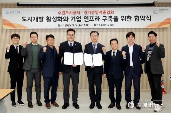 5일 오전 더함파크에서 열린 ‘도시개발 활성화와 기업 인프라 구축을 위한 협약식’에서 허정문 사장(왼쪽 다섯번째) 김춘호 경기경영자총협회장등 두 기관 관계자들이 기념촬영을 하고 있다. (사진=수원도시공사 제공)