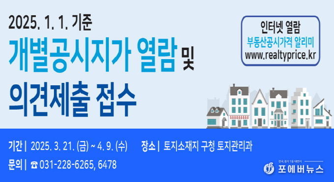 수원시 권선구, 2025. 1. 1.기준 지가열람 및 의견청취 시작
