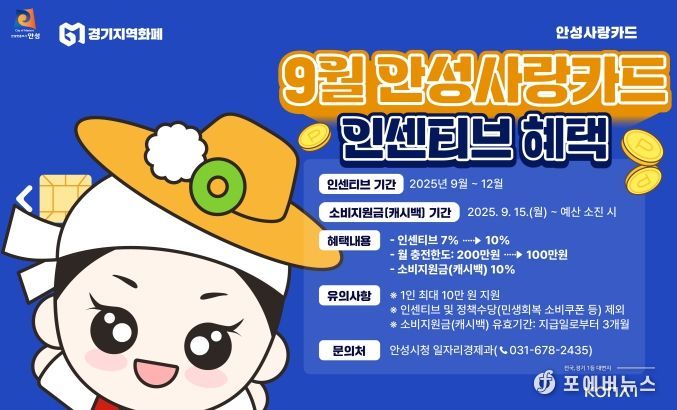 9월부터 안성사랑카드 인센티브 10%, 15일부터는 10% 캐시백도!