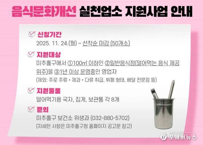 미추홀구, ‘음식문화 개선 실천업소 지원사업’ 추진