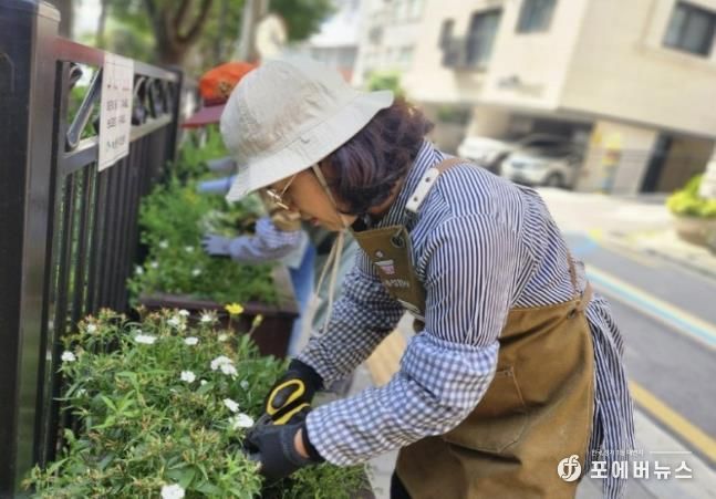 녹번동주민센터 뒤 사각화분 관리하는 모습