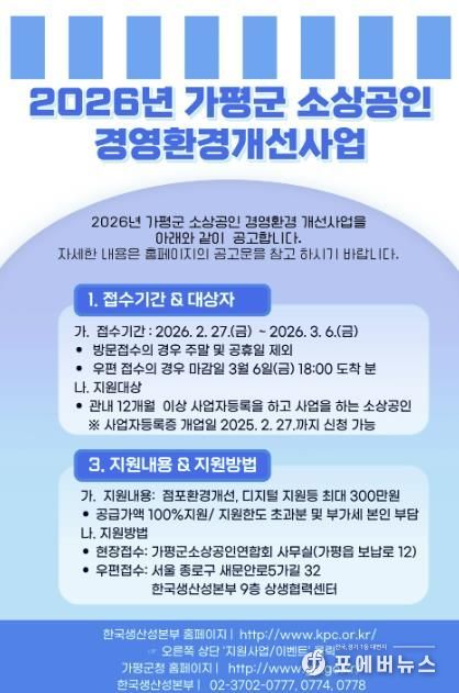 가평군, 소상공인 경영환경개선사업 지원