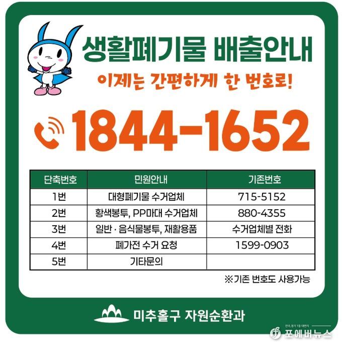 쓰레기 배출 문의 ‘대표번호 1844-1652’ 하나로 통합