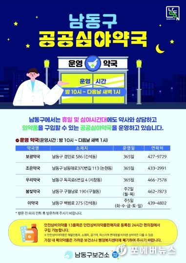 남동구, 연중무휴 새벽 1시까지 여는 공공심야약국 운영