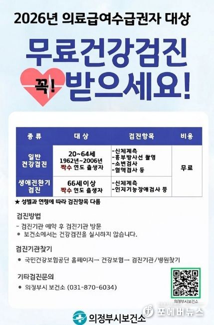 의정부시, 짝수연도 출생자 대상 2026년 의료급여수급권자·건강보험가입자 건강검진 실시